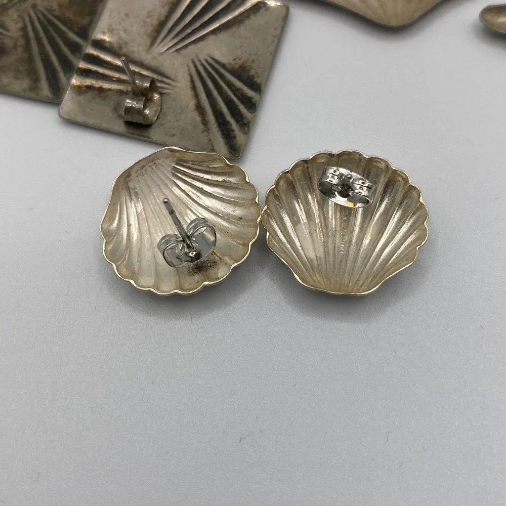 Vintage Silver Tone Earring Lot 3 Pairs Pierced Studs Shell Fan Art Deco Square‎